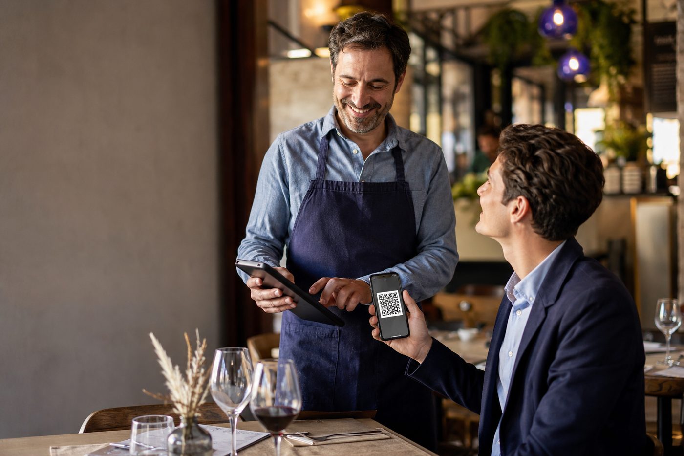 Un client professionnel présente le QR code de son entreprise à un restaurateur qui le scanne avec sa tablette de caisse.